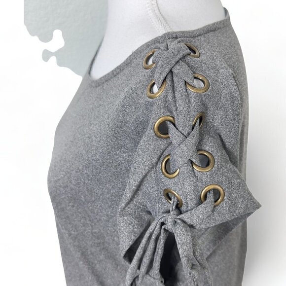 AUW Gray Ruched Waist Lace up Gourmet Shoulder Jersey T-Shirt Top (S) - Picture 5 of 10